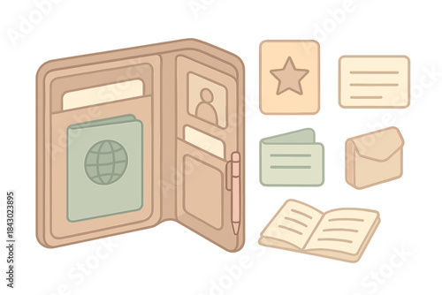 Wallet Organization Essentials. Isometric vector illustration set Personal wallet item organization guide: passport card insert