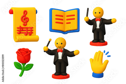 Opera Icon Set. 3D icon set of opera traditions: overture scroll, libretto book, standing conductor, final bow, debut rose, encore