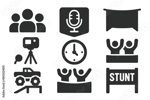 Stunt Event Icons. Solid style icons of live stunt events: performance crowd icon, announcer mic badge, event banner slab. Vehicle
