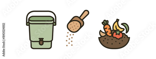 Flat vector illustration of bokashi composting: sealed bucket sprinkle of bran and fermented scraps ready for soil rounded shapes clean outline clean white background