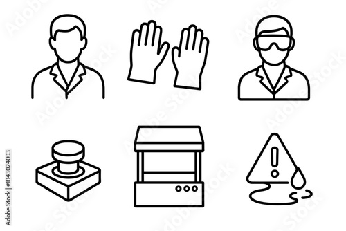 Virtual Lab Safety Icons. Line style icons of virtual lab safety: lab coat avatar, digital gloves icon, safety goggles on avatar,