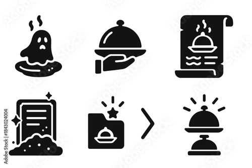 Forgotten Dishes Icons. Solid style icons of forgotten dishes revival: ghost meal silhouette, rediscovered tray, reborn recipe