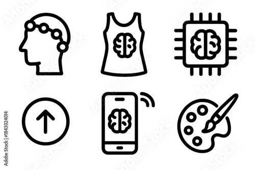 Brain-Computer Fashion Icons. Line style icons of Brain-Computer Fashion: EEG fashion kit, neural fashion starter, BCI module chip