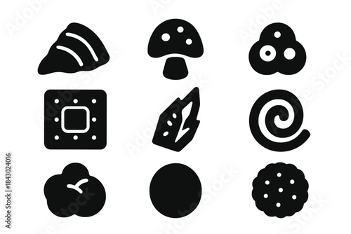 Gourmet Snack Icons. Solid style icons of gourmet dry snacks: dehydrated mousse chip, powdered truffle shape, crunch fruit dot.