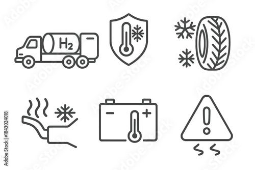 Hydrogen Truck in Winter. Line style icons of hydrogen truck in cold weather: insulated fuel tank, frost protection symbol,