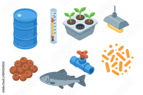 Aquaponics System Design. Isometric vector illustration set of Aquaponics systems: blue barrel tank, water level marker, seedling