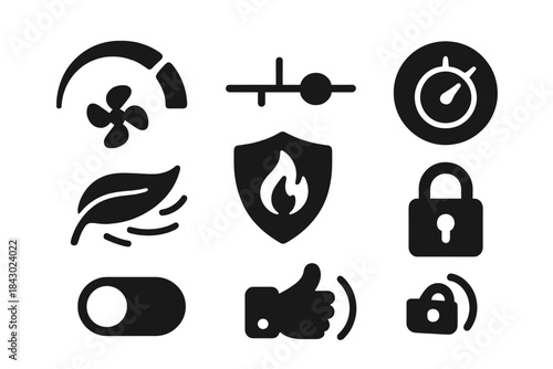 Air Intensity Controls. Solid style icons of air intensity settings: low-med-high gauge, pressure level slider, session control