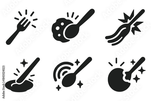 Glowing Utensils Icons. Solid style icons of edible light reactions: glowing fork contact, snack lighting up, spoon with rainbow