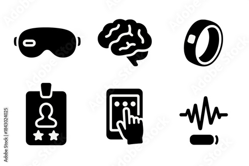 Lucid Dream Devices. Solid style icons of lucid dreaming devices: sleep mask with sensor icon, brainwave glyph, induction badge.