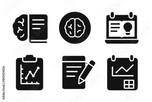 Awareness Journaling Icons. Solid style icons of awareness journaling practices: brain + notebook icon, insight record glyph,