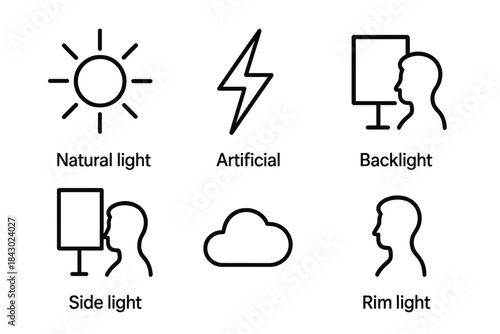 Photography Lighting Icons. Line style icons of lighting in photography: natural light sun, artificial flash bolt, backlight scene