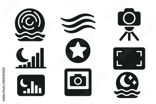 Sea Glow Photography Icons. Solid style icons of sea glow photography: long exposure glyph, blur wave icon, star badge. Tripod