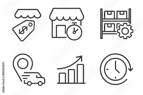 Ghost Kitchen Icons. Line style icons of ghost kitchen benefits: reduced overhead icon, fast setup symbol, optimized space icon,