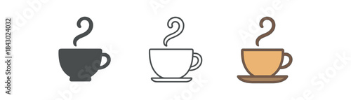 mindfulness icons one flat solid monochrome one thin black outline black and white one full color flat icon tea cup with steam swirl