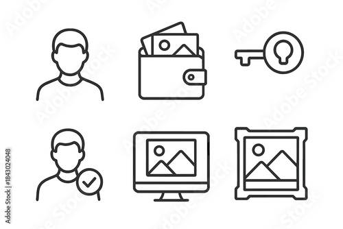 NFT Collectors Icons. Line style icons of collectors and NFT owners: collector avatar, wallet with photos, ownership key icon,