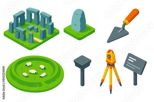 Stonehenge Icon Tribute. Isometric vector illustration set Historical monuments – Stonehenge standing stones, heel stone,