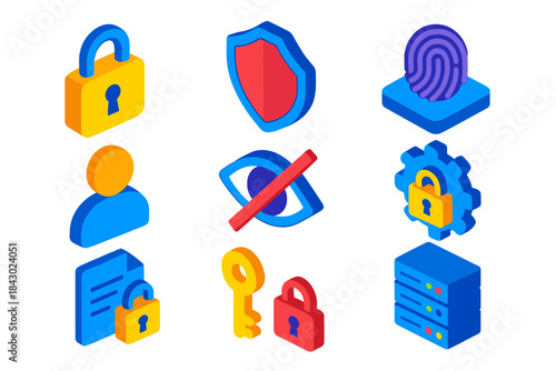 Data Privacy Icons. Isometric vector illustration set Data privacy – padlock icon, shield emblem, fingerprint scanner; user avatar