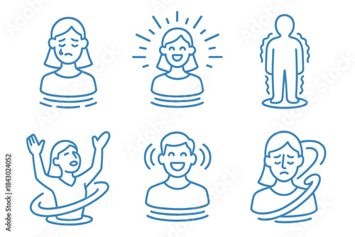 Emotional Iconic Holograms. Line style icons of emotional holographic performance moments: light tears effect, glowing joy burst,