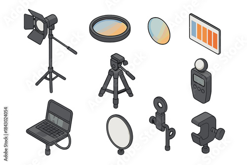 Camera Gear Isometric. Isometric vector illustration set of Camera and Photography: studio boom pole, lens flare filter, color