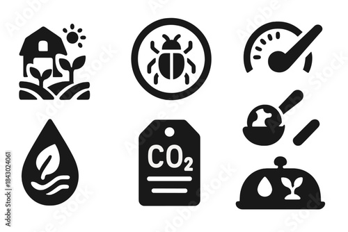 Climate-Friendly Food Icons. Solid style icons of climate-conscious food: low-impact farming icon, insect + climate badge,