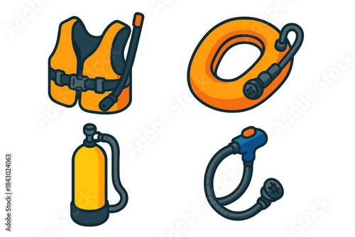 Underwater Diving Gear Icons. Isometric vector illustration set Underwater diving gear – snorkel vest, inflatable chamber, purge