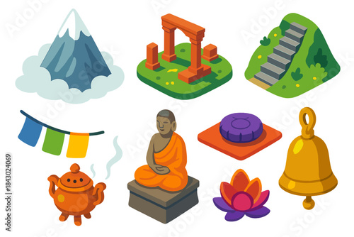 Mystical Mountain Icons. Isometric vector illustration set Mountain landscapes – mist-shrouded peak, temple ruins, stone steps;