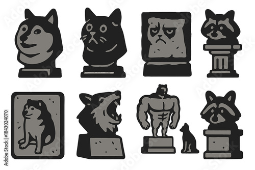 Animal Meme Sculptures. Solid style icons of animal meme icons: doge head sculpture, dramatic cat bust, grumpy feline stone.