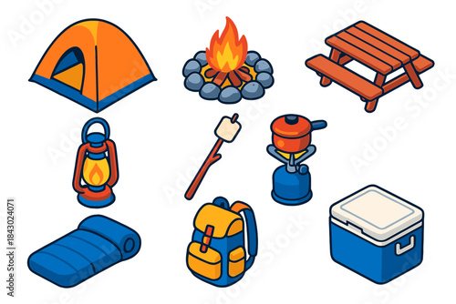 Hiking Gear Isometric Icons. Isometric vector illustration set Hiking trails – pop-up tent, campfire circle, picnic table; lantern