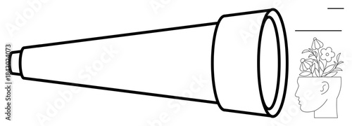 A telescope directs focus towards a human head filled with blooming flowers, symbolizing exploration, creativity, vision, discovery, personal growth, imagination, and innovation. Ideal for education