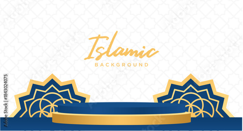 Islamic Blue Gold Podium Stage Banner Elegant Background
