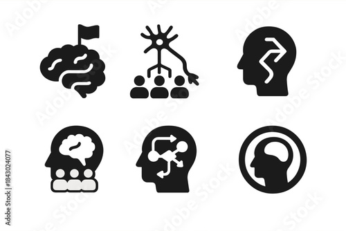 Neuroleadership Icons. Solid style icons of neuroleadership: brain with leadership flag, neuron network with hierarchy, cognitive