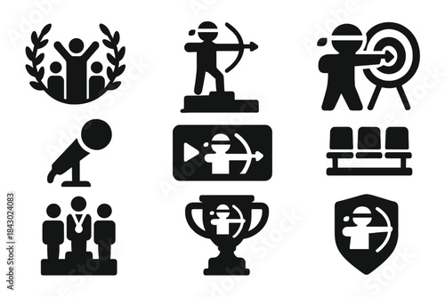Blindfold Archery Icons. Solid style icons of blindfold archery events: crowd cheering badge, championship stage slab, final round