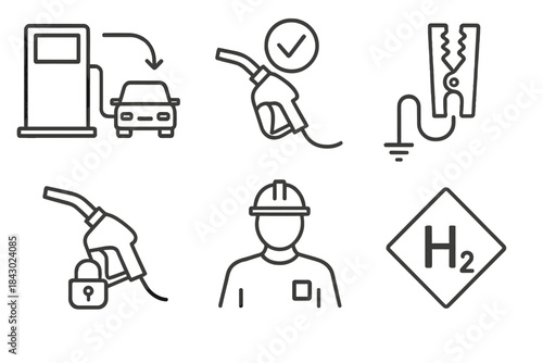 Refueling Safety Icons. Line style icons of refueling safety and procedure: step-by-step pump icon, connection check icon,