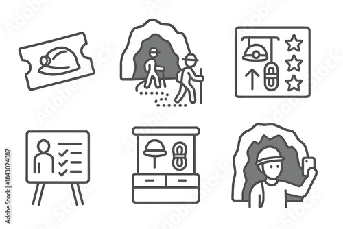 Cave Adventure Icons. Line style icons of adventure tourism in caves: ticket with helmet icon, guided spelunking path, adventure
