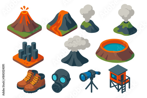 Volcanic Adventure Icons. Isometric vector illustration set Mountain landscapes – volcanic cone, lava flow, fumarole steam; basalt