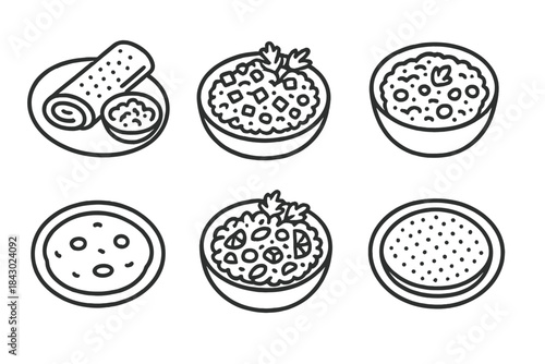 Ancient Grain Dish Icons. Line style icons of cultural dishes with ancient grains: Ethiopian injera, Middle Eastern tabbouleh,