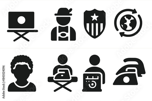 Global Ironing Flags. Solid style icons of national teams and flags: country flag on ironing board, regional outfit press, nation