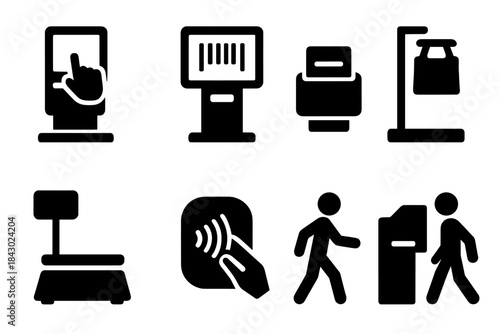 Self-Checkout Icons. Solid style icons of self-checkout kiosks: touchscreen payment station, barcode scanner screen, receipt