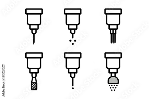 Robotic Needle Icons. Line style icons of robotic needle types: single-line tip, triple-dot cluster, shading multi-needle, thick