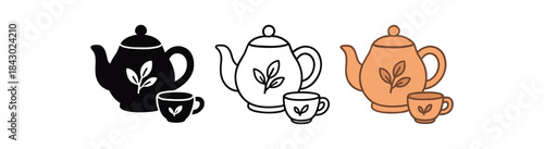 Flat vector illustration teapots and small cups simple floral or leaf accents soft rounded silhouettes clean outline one black and white flat version one outline version one color version