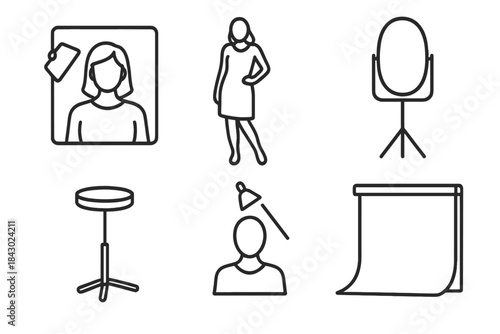 Studio Portrait Line Icons. Line style icons of studio portraiture: headshot with soft light, full body pose icon, reflector