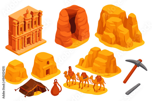 Petra Icon Set. Isometric vector illustration set Historical monuments – Petra Treasury façade, Siq canyon entrance, rock-cut tomb