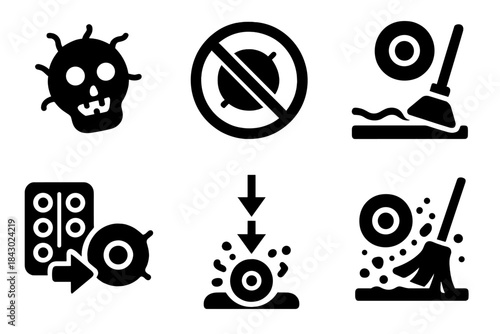 Cellular Senescence Icons. Solid style icons of cellular senescence removal: zombie cell icon, senescence cross badge, cell