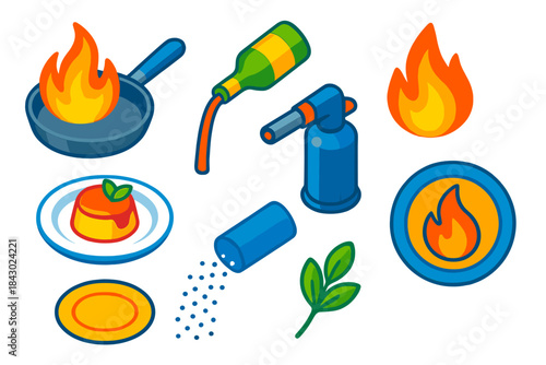 Vibrant Cooking Icons. Isometric vector illustration set Cooking techniques – flambé pan, spirit pour, flame burst; dessert plate,