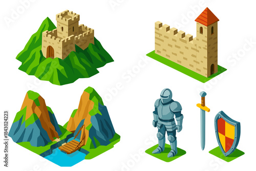 Isometric Fortress Landscape. Isometric vector illustration set Mountain landscapes – ancient fortress, stone battlements,