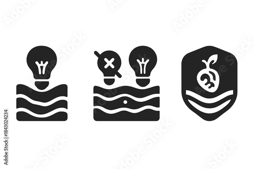 Innovation Depth Icons. Solid style icons of innovation sediment layers: idea strata diagram, failed + evolved idea chart, growth