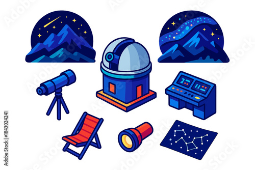 Mountain Stargazing Set. Isometric vector illustration set Mountain landscapes – night sky observatory, telescope dome, control