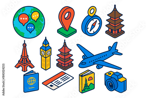Language Learning Icons. Isometric vector illustration set Language learning – globe with language pins, map marker, compass;