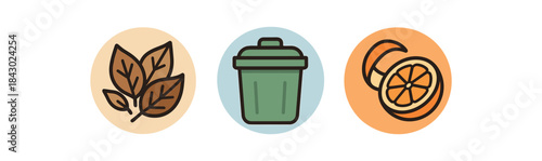 Flat vector illustration of odor control: dry leaves cover closed lid bin and citrus peel icon rounded shapes clean outline clean white background
