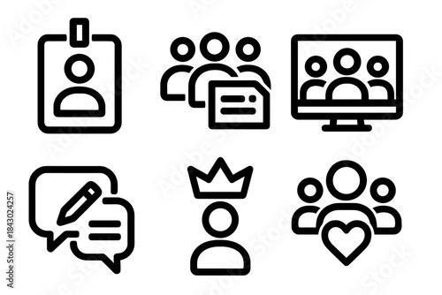 Crowdsourced Scriptwriting Icons. Line style icons of Crowdsourced Scriptwriting: participant badge, group scene list, online